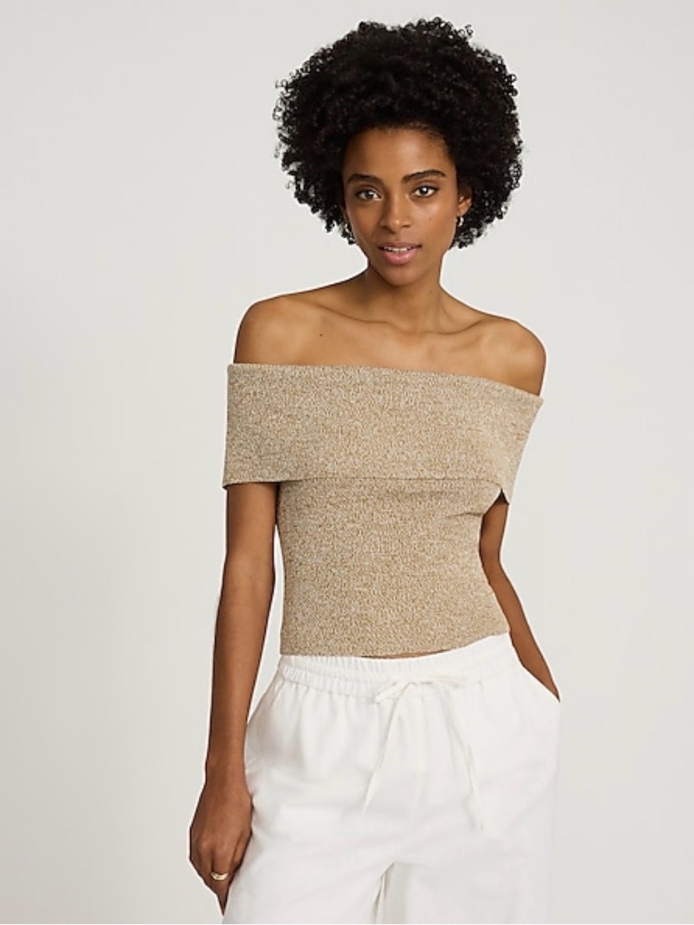 Express Off-Shoulder Knit sweater Top in marled Beige tan xs
